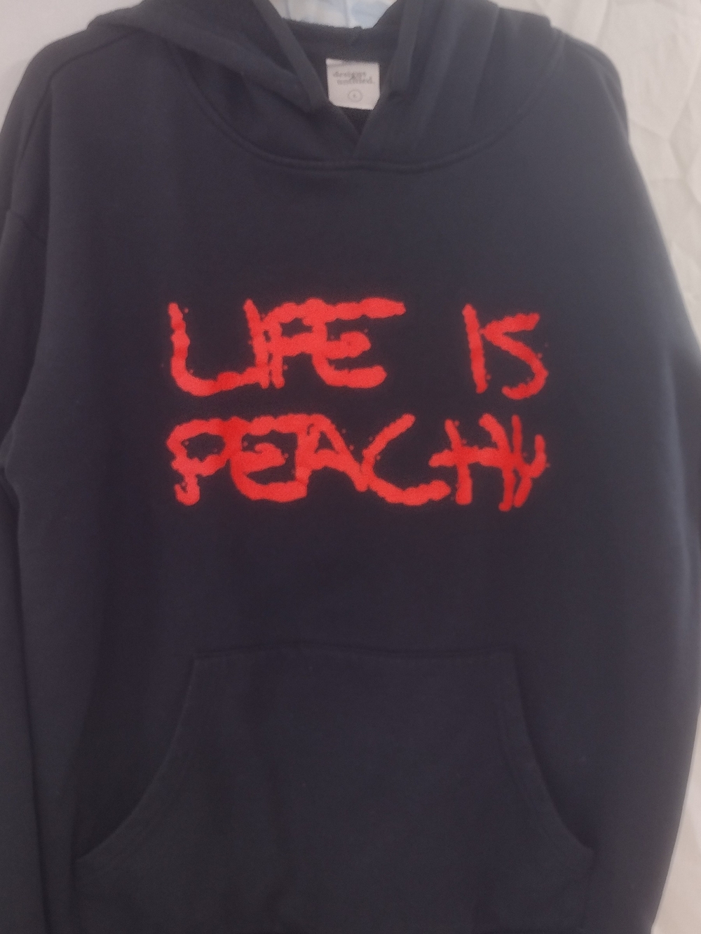 Black Hoodie Sweater with Red "Life Is Peachy" Graphic